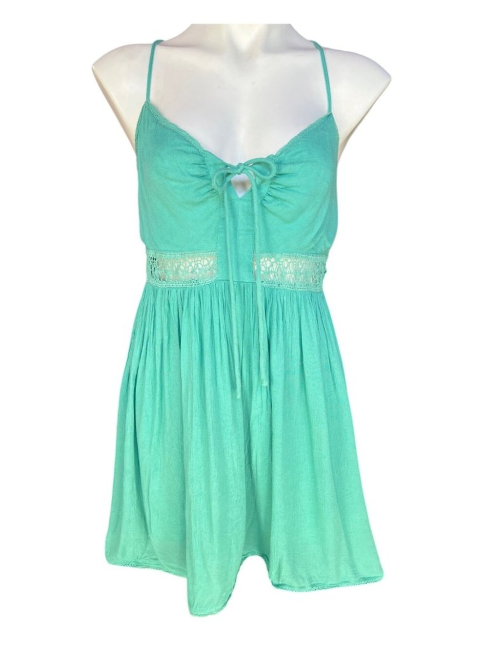 BCBGeneration Dress Size 6 Turquoise Adjustable Straps & Tie-Front Crochet Trim